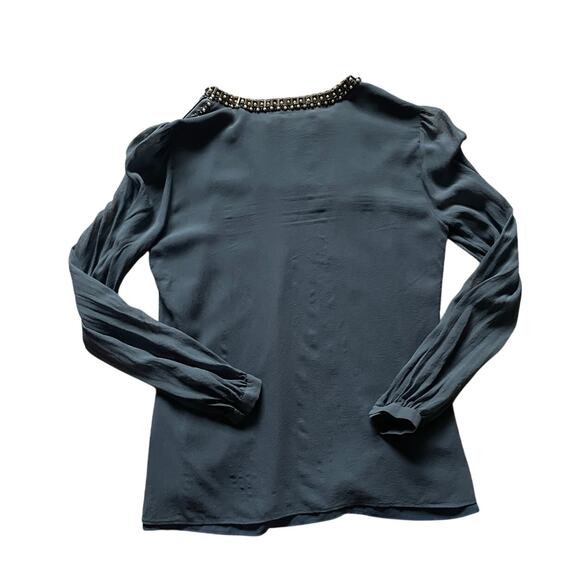 Tory Burch Womens/Teen Silk Sheer Blouse Beaded/Pearl Collar Slate color Size 0 - Picture 2 of 9